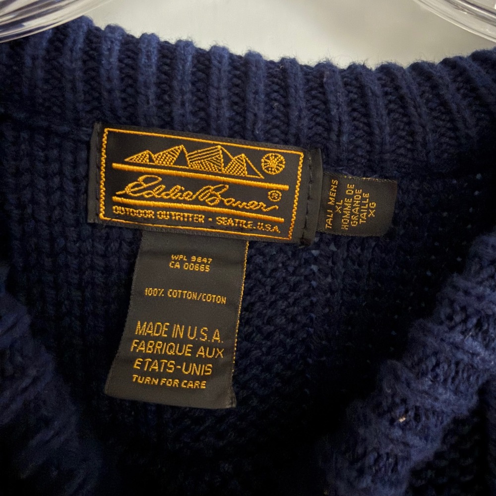 Eddie Bauer Vintage Made in USA Colorblock Cable Knit Sweater Mens XL Tall Navy - Picture 2 of 4